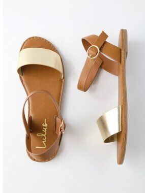 NIB Lulus Gold and Tan Flat Vegan Leather Ankle Strap Sandals